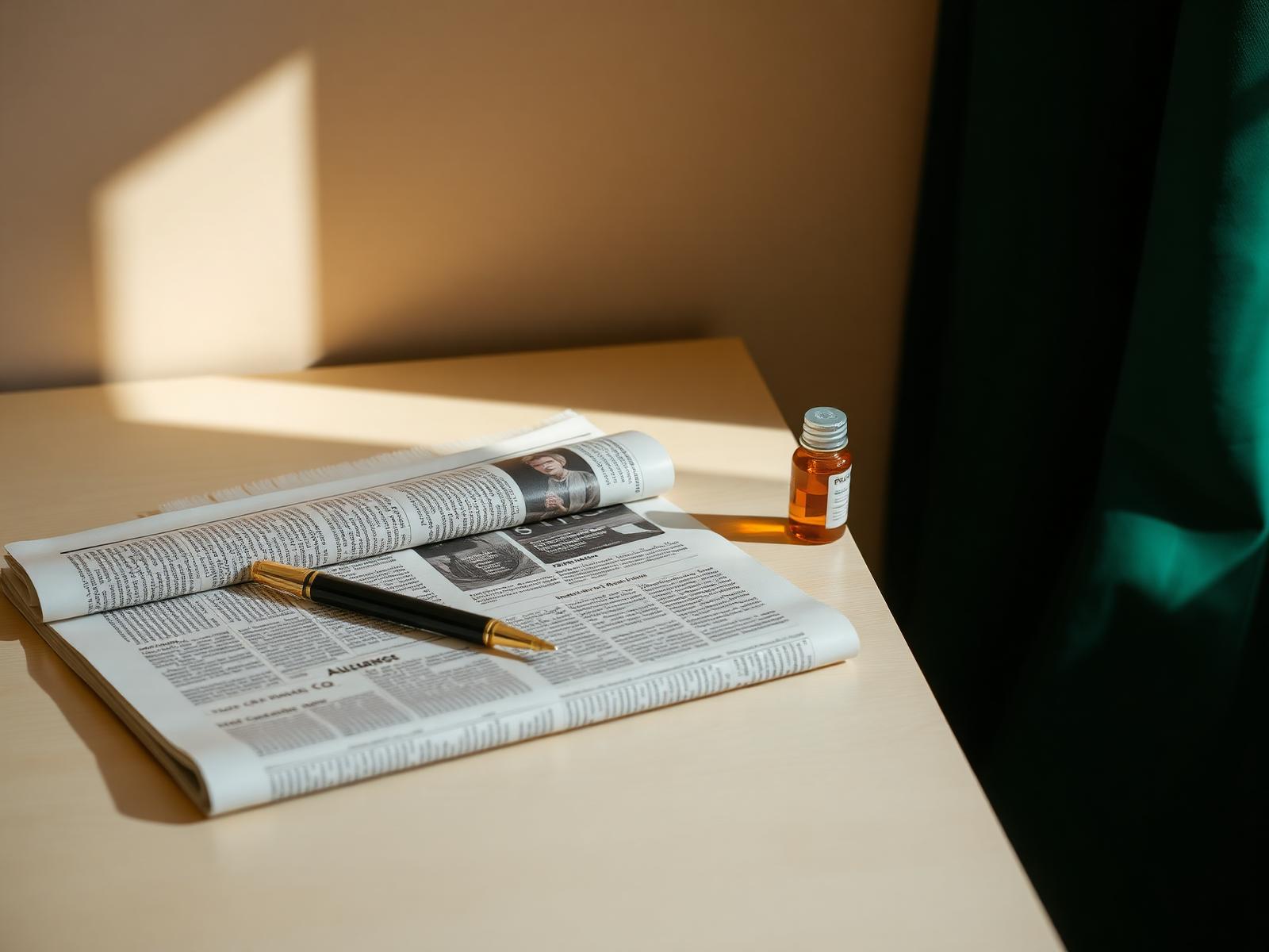 A folded broadsheet, fountain pen and prescription bottle on a warm cream desk